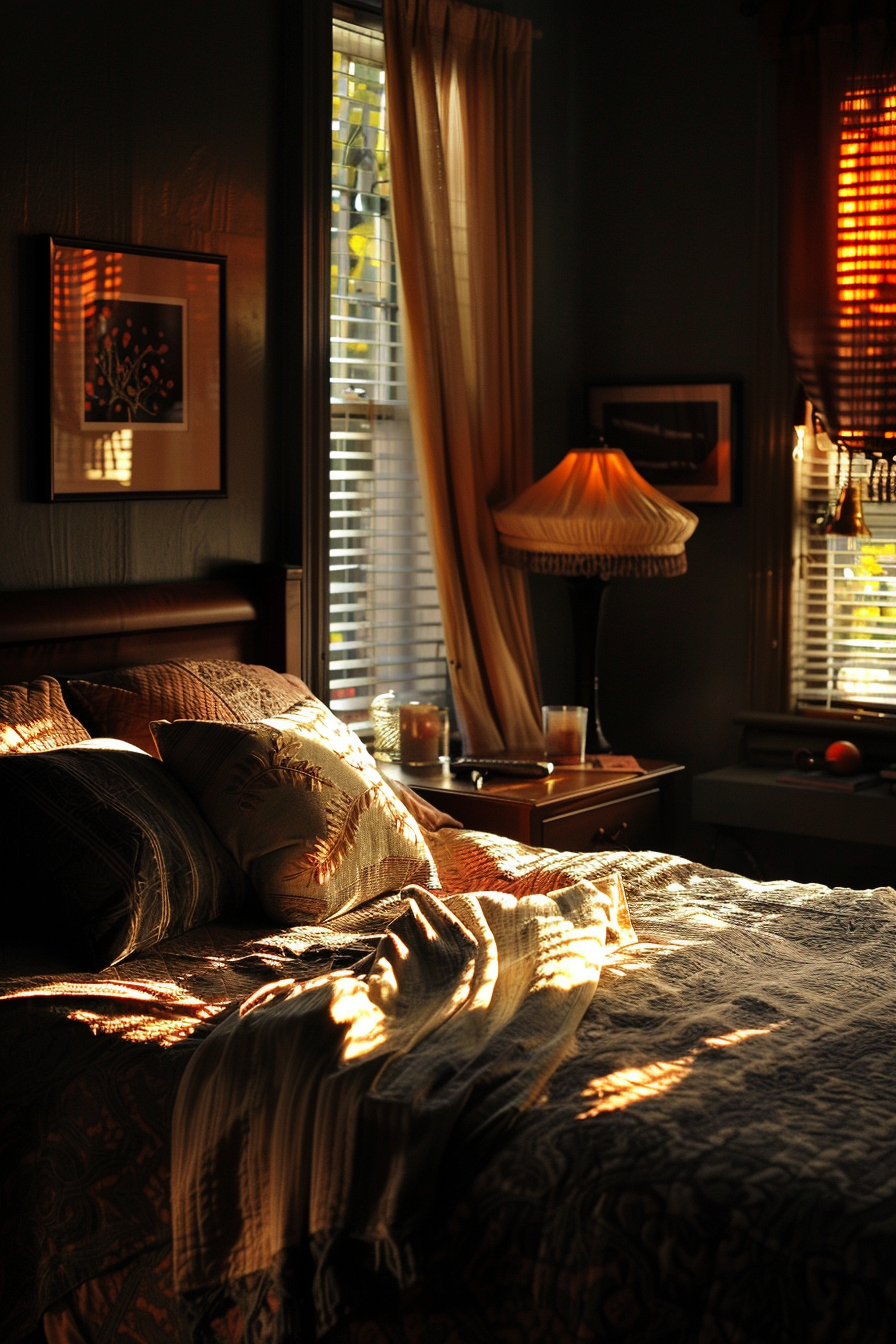 A cozy bedroom with a bed and a lamp, featuring modern dark bedroom ideas.