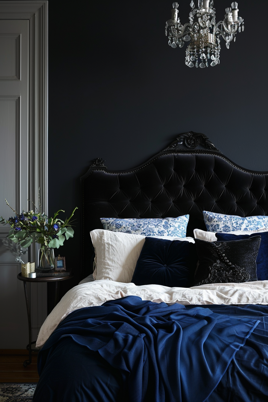 A cozy bed with blue and white pillows in a modern dark bedroom.
