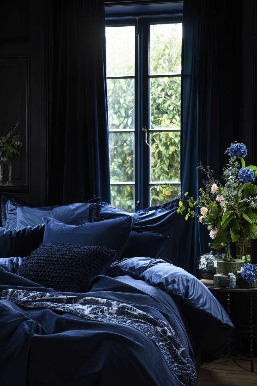 A cozy dark bedroom with dark blue bedding and a window.