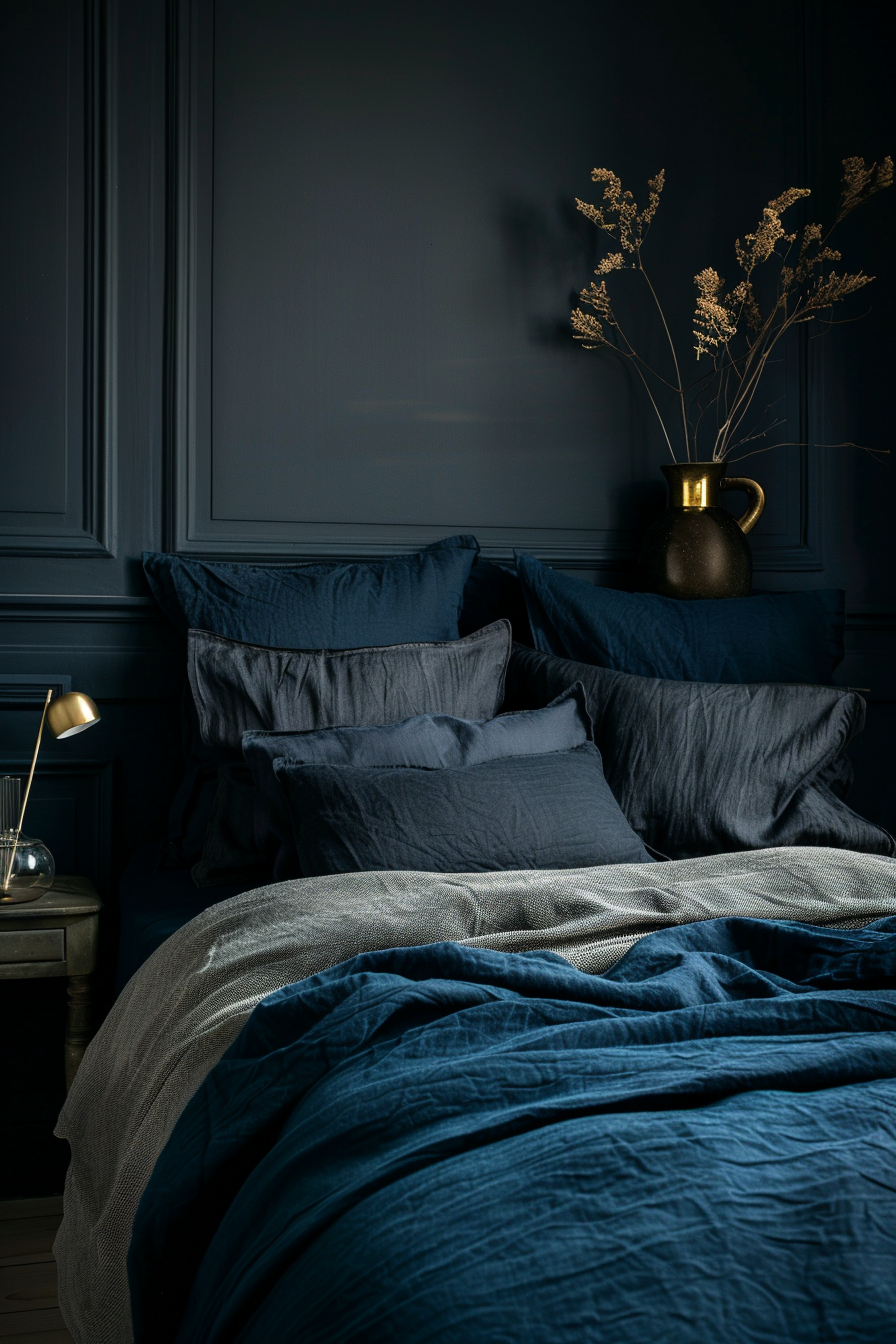 A modern dark bedroom featuring a bed adorned with blue pillows and a vase of dried flowers.