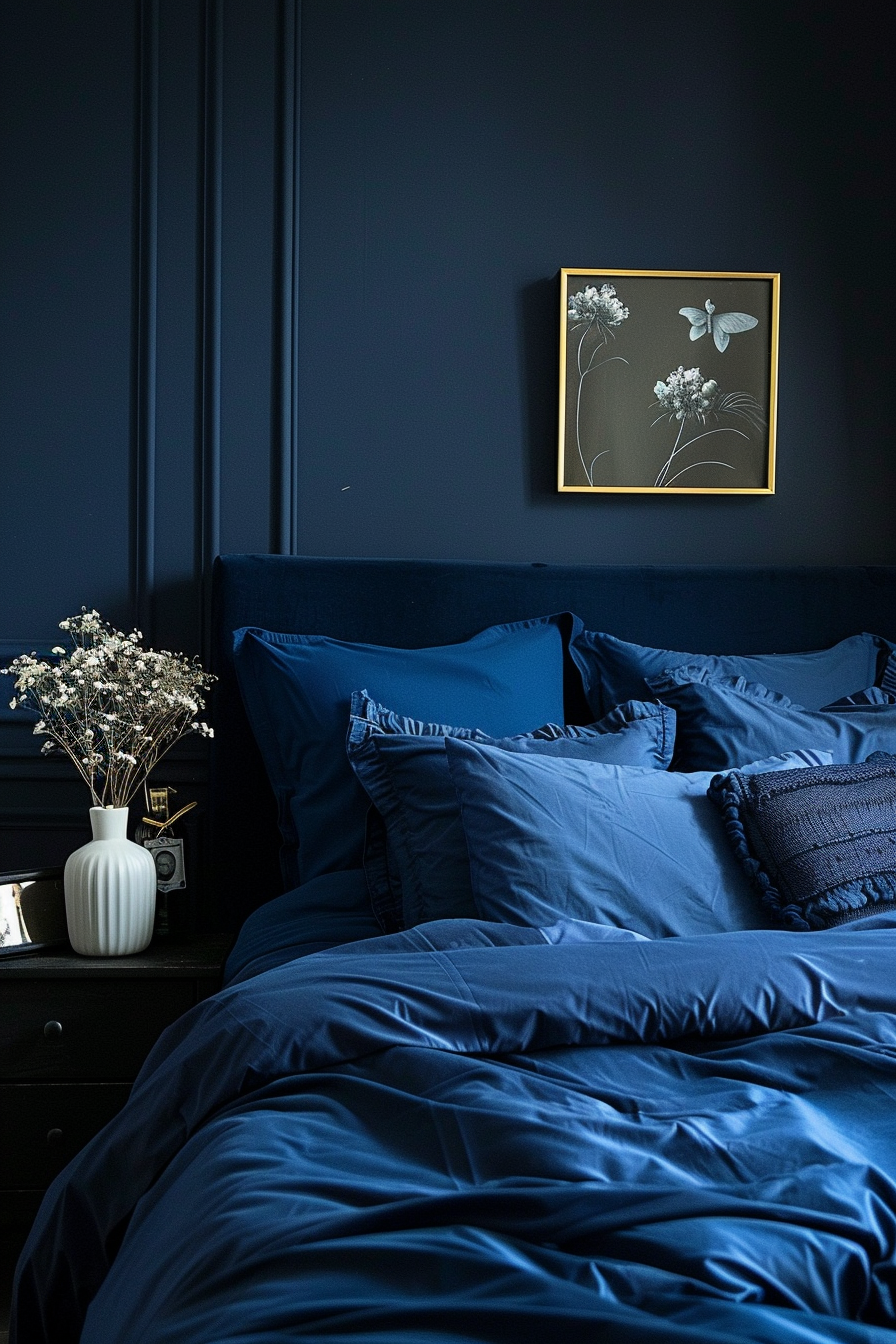 A cozy dark bedroom with a dark blue duvet and pillows, perfect for those seeking a dark aesthetic in their bedroom design.