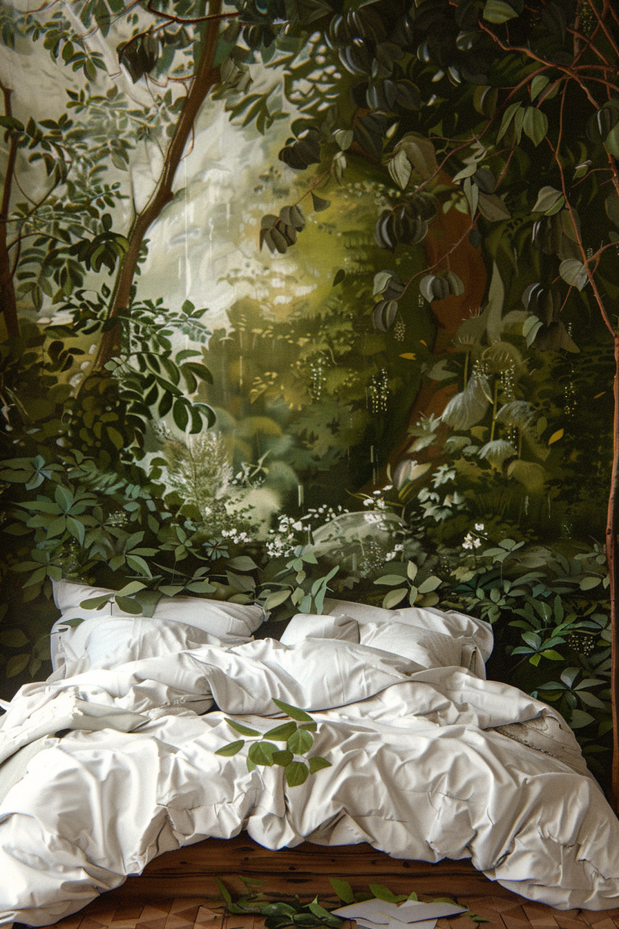 A modern bed with a mural of trees and plants in a dark aesthetic bedroom.