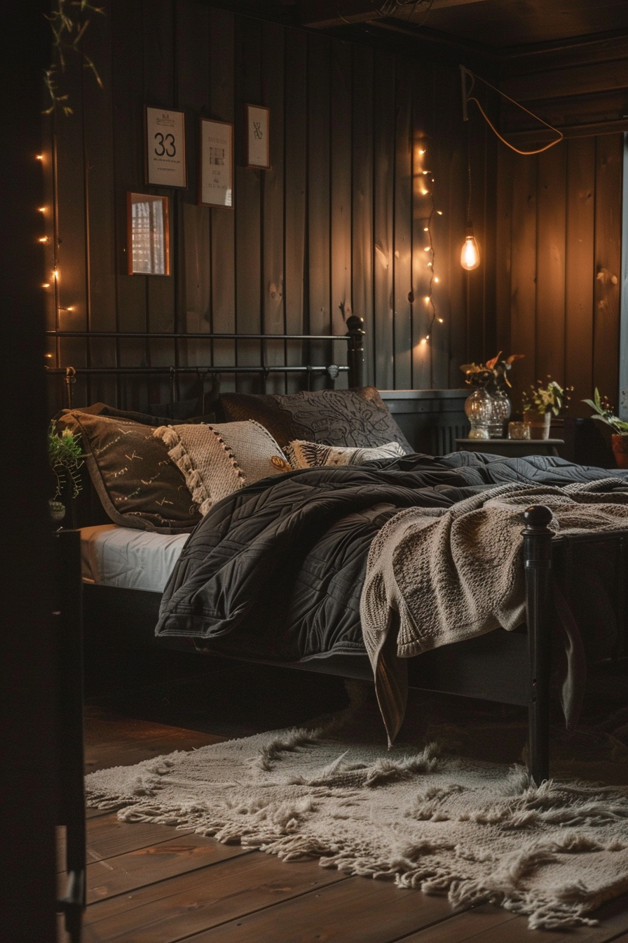 A modern bedroom with black walls and a bed, showcasing dark aesthetic and offering dark bedroom ideas.