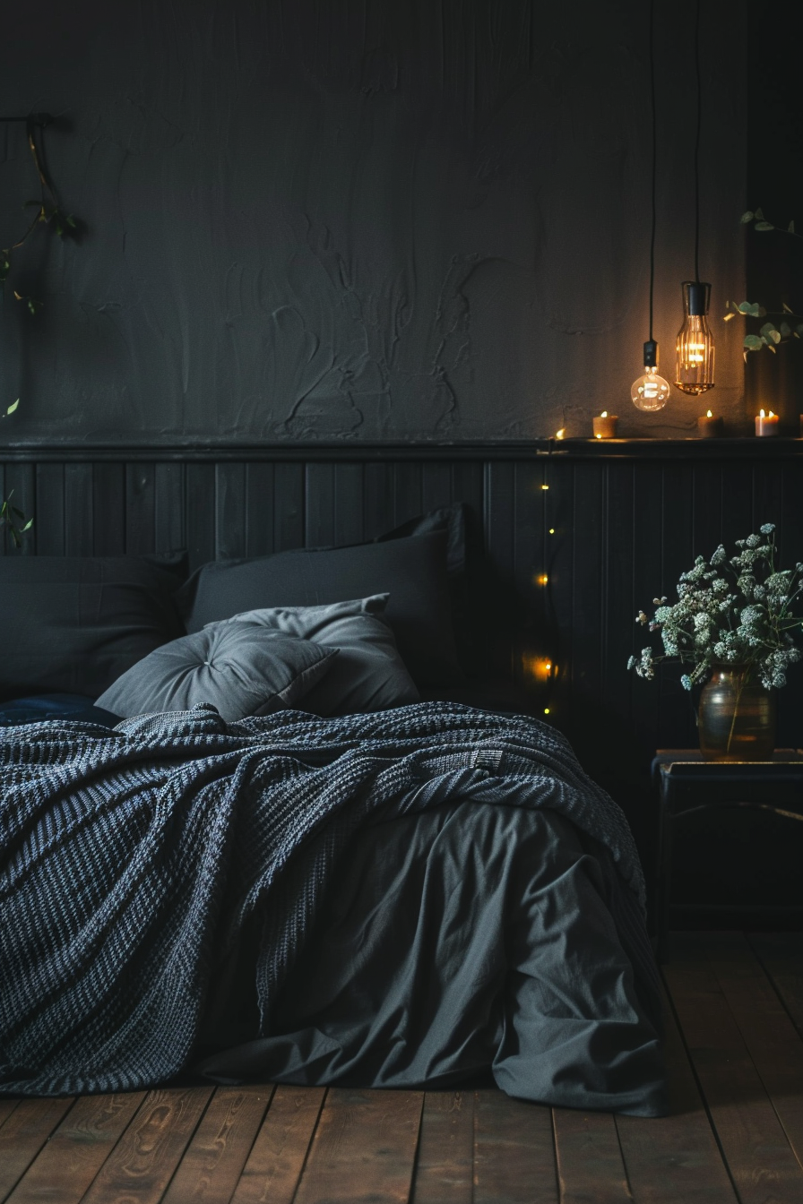 A cozy bed with a blanket and flowers in a vase, perfect for modern dark aesthetic bedrooms.