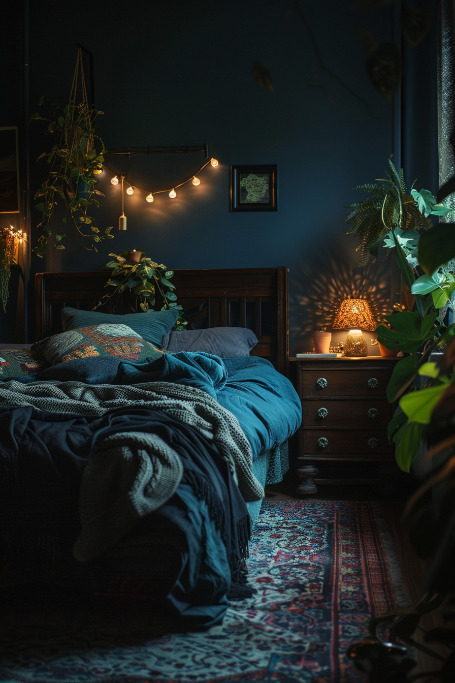 A cozy bed in a dark room with a dark aesthetic.