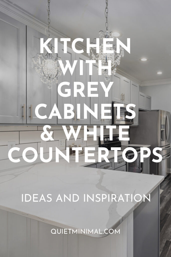 kitchen with grey cabinets and white countertops
