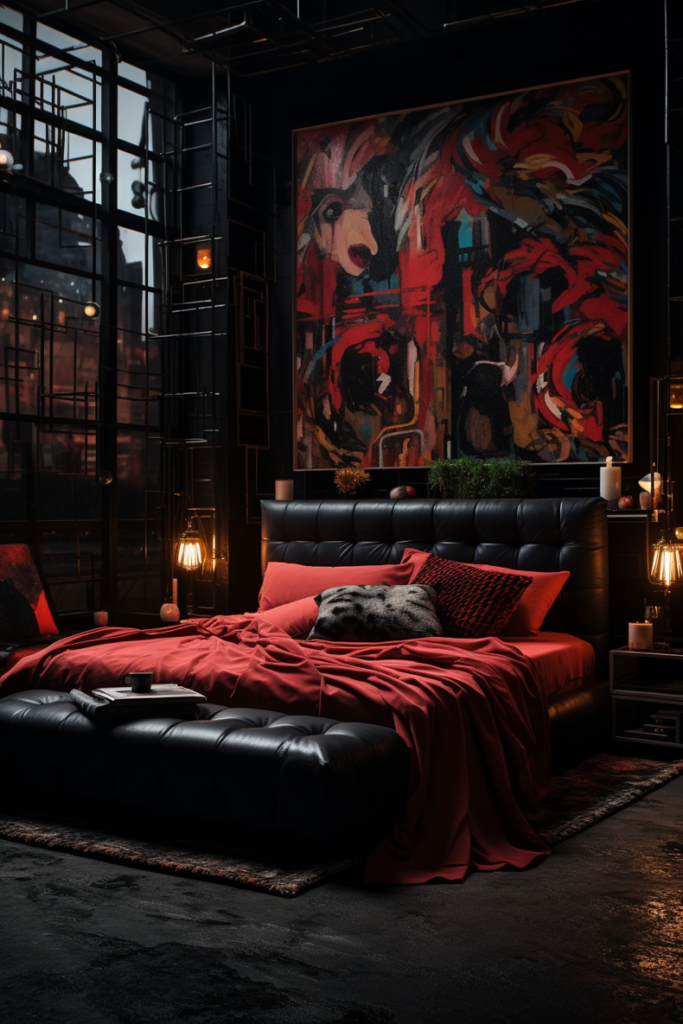 A boujee apartment bedroom with a black and red color palette and a beautifully framed painting on the wall.