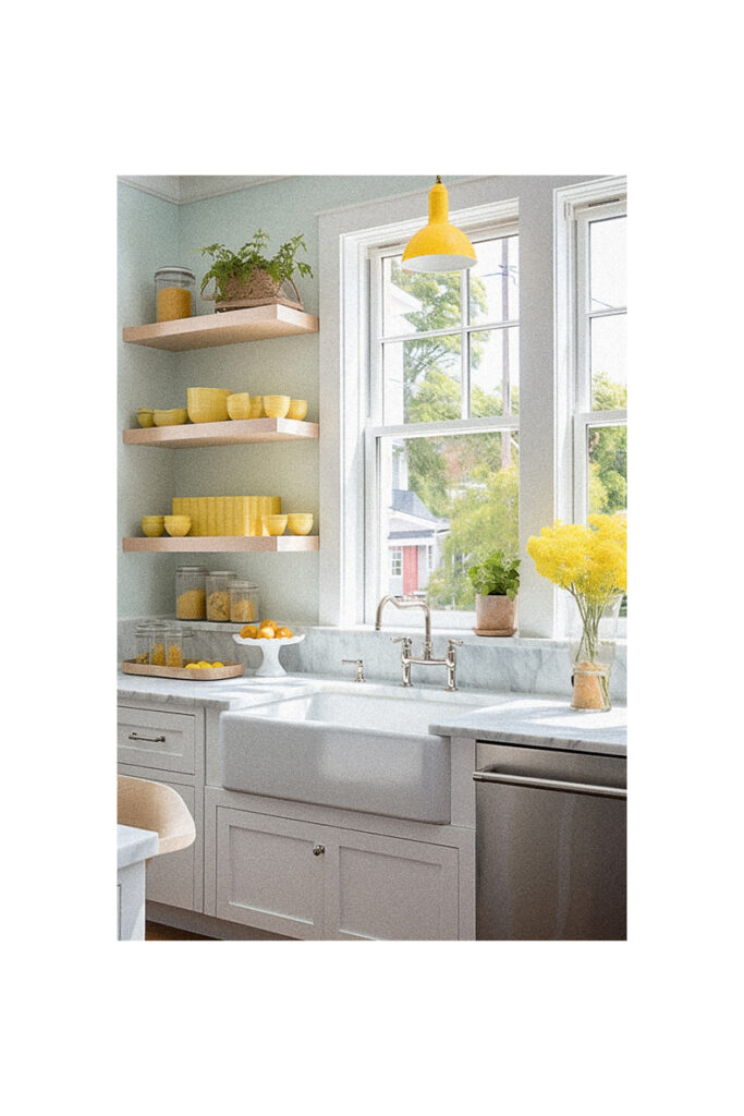 A kitchen with a yellow sink and yellow pots and pans, featuring a window over the sink.
