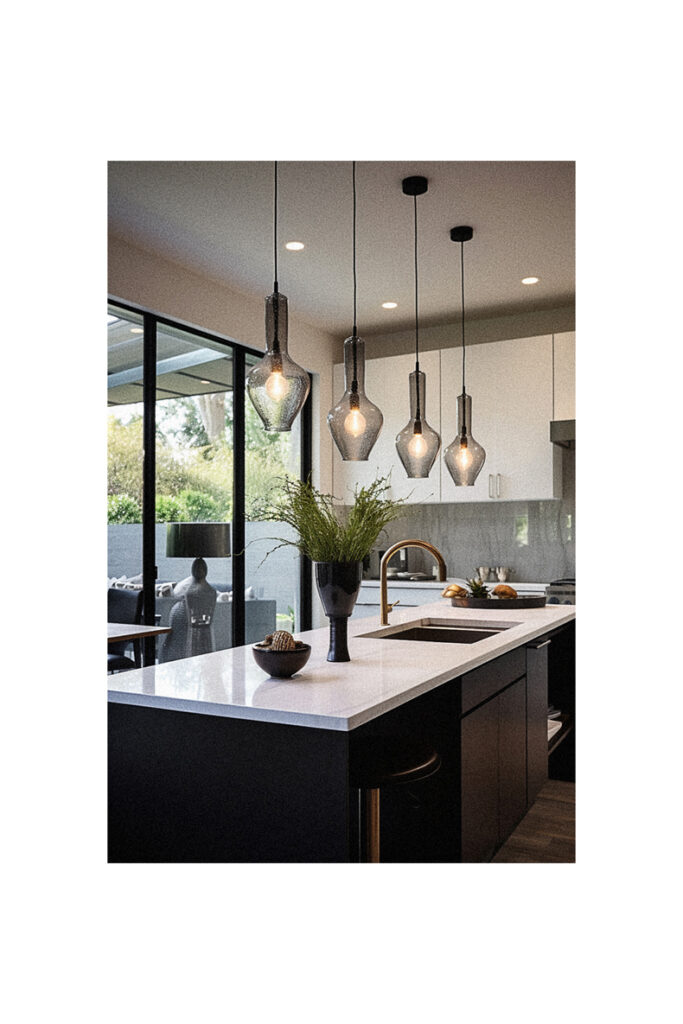A modern kitchen with a black island and kitchen lighting.