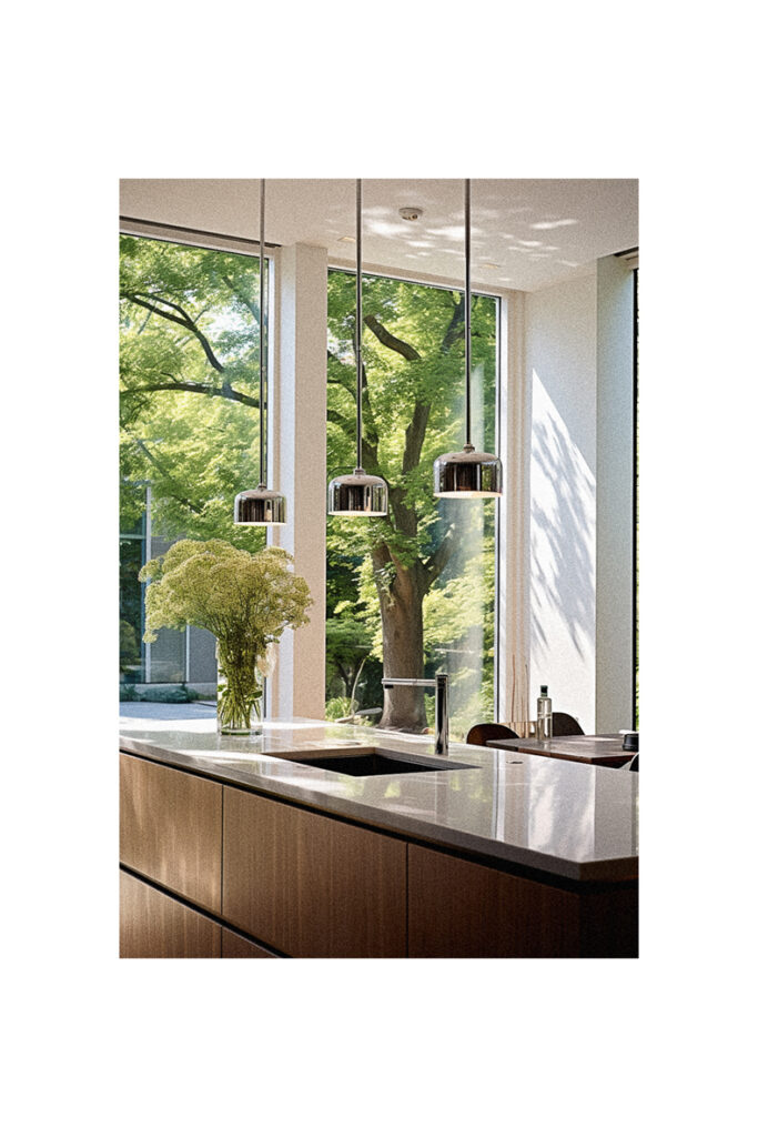 A modern kitchen with a view of a tree and ample natural lighting from the window.