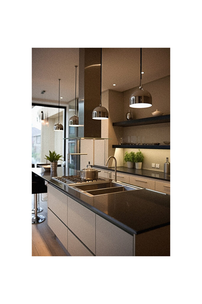 A modern kitchen with black counter tops and stainless steel appliances, featuring modern lighting ideas.