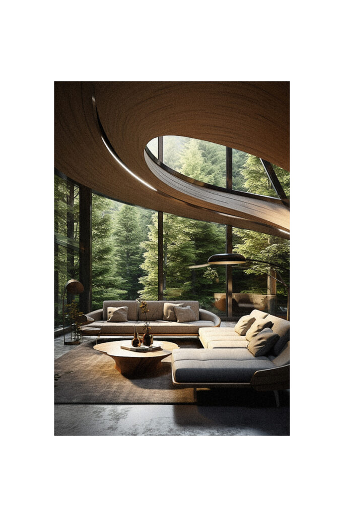 A modern living room nestled in a lush forest.
