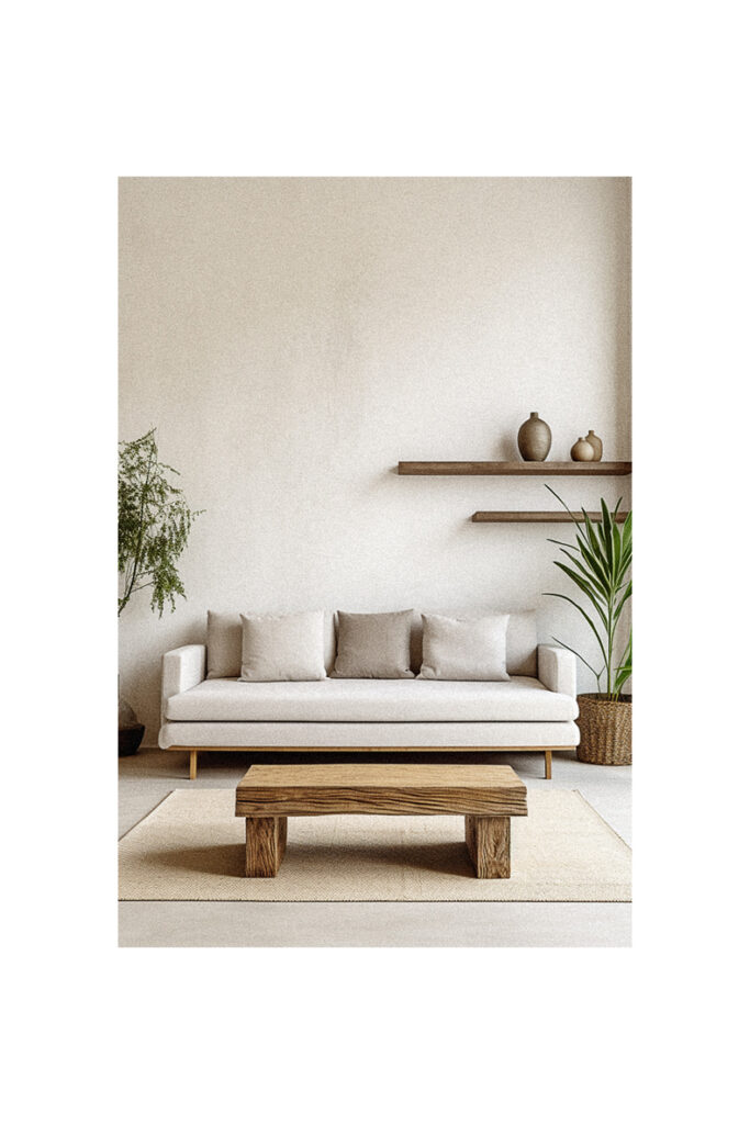 A modern living room with a white couch and a wooden coffee table.