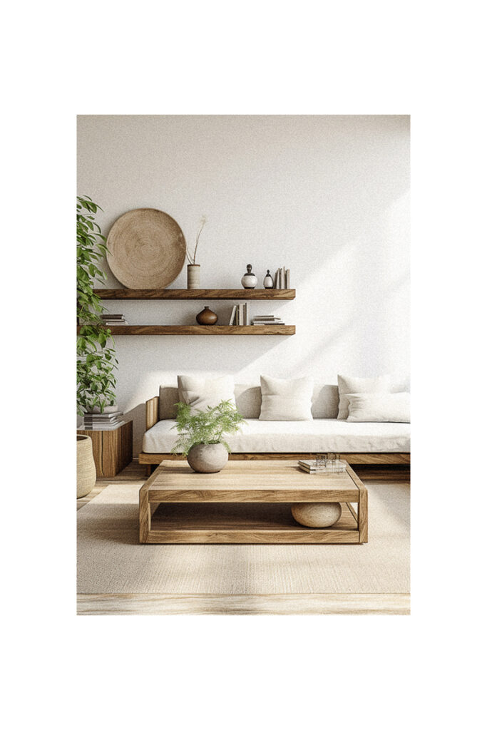 A modern living room with wooden furniture and a potted plant.