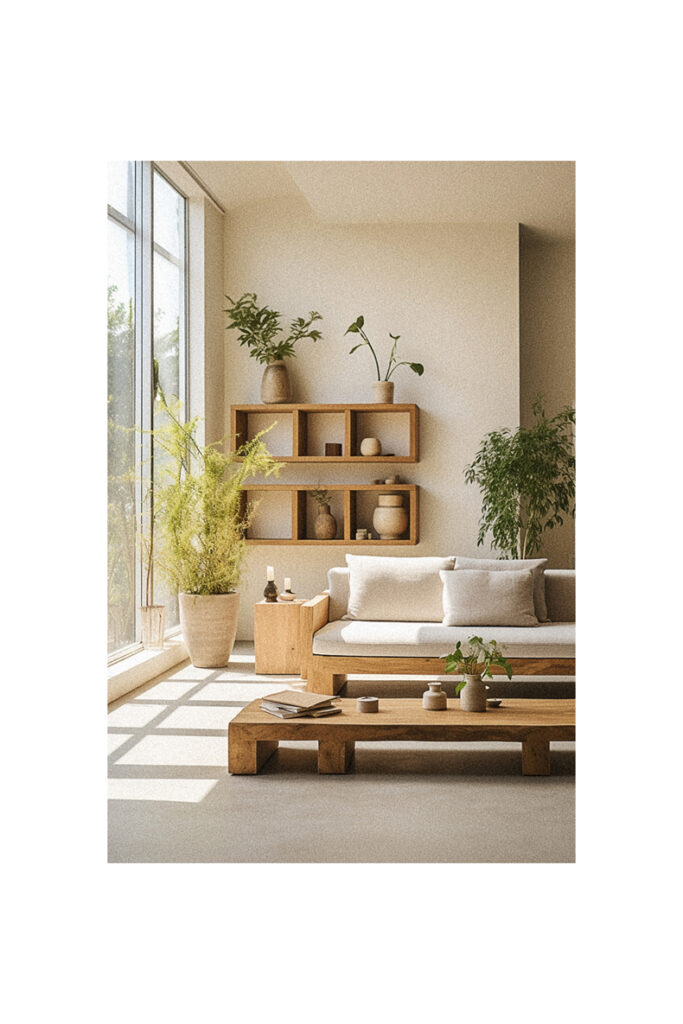 A modern living room with organic wooden furniture and plants.