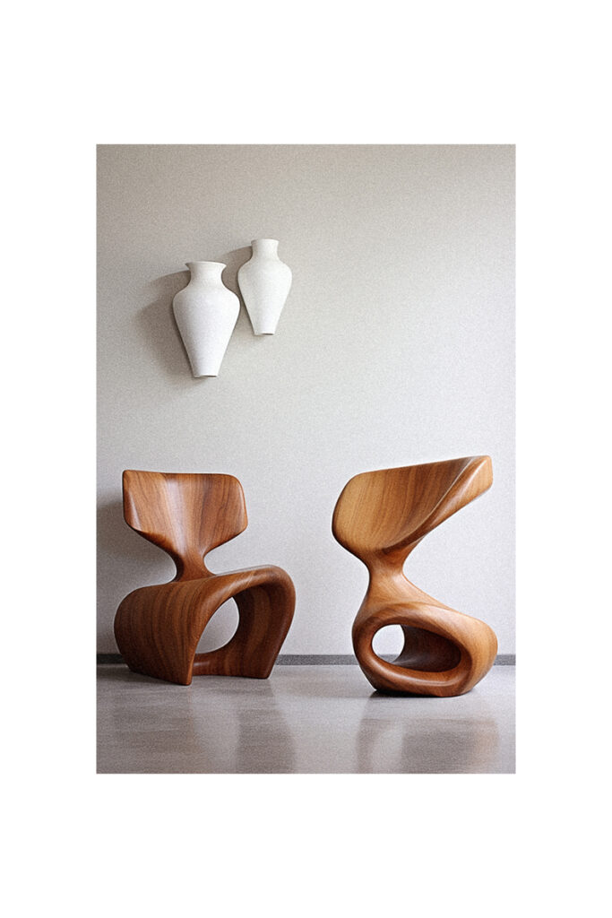 Two modern wooden chairs in a room.