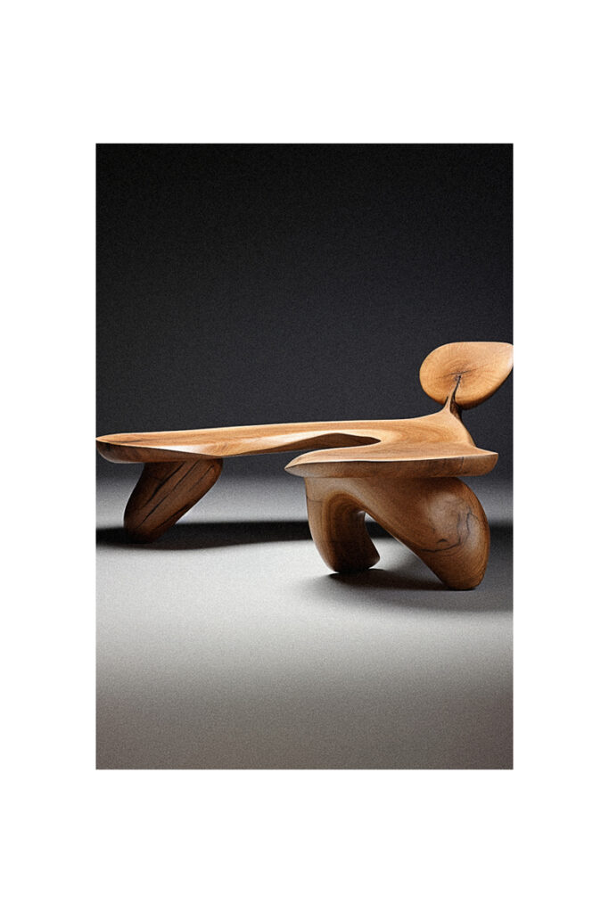 A curved, modern wooden bench.