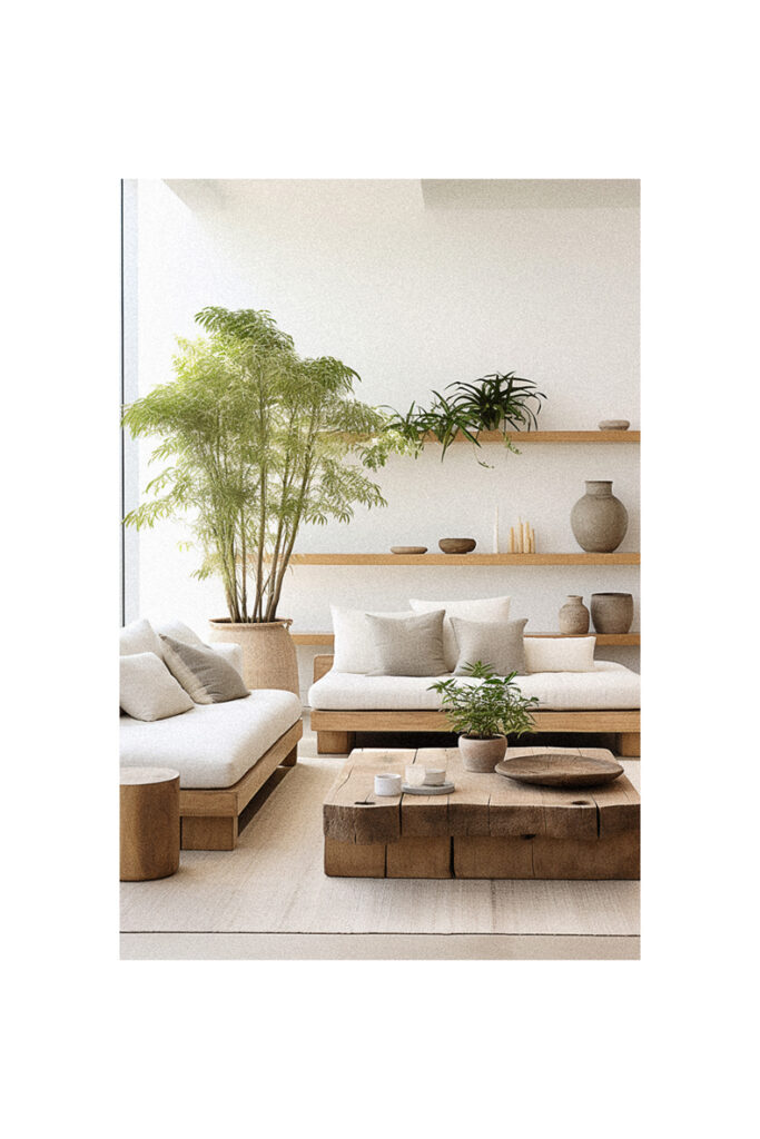 A modern living room with organic furniture.