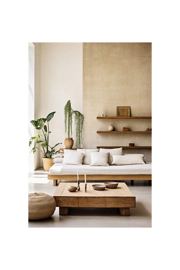 A modern living room with a white couch and a wooden coffee table.