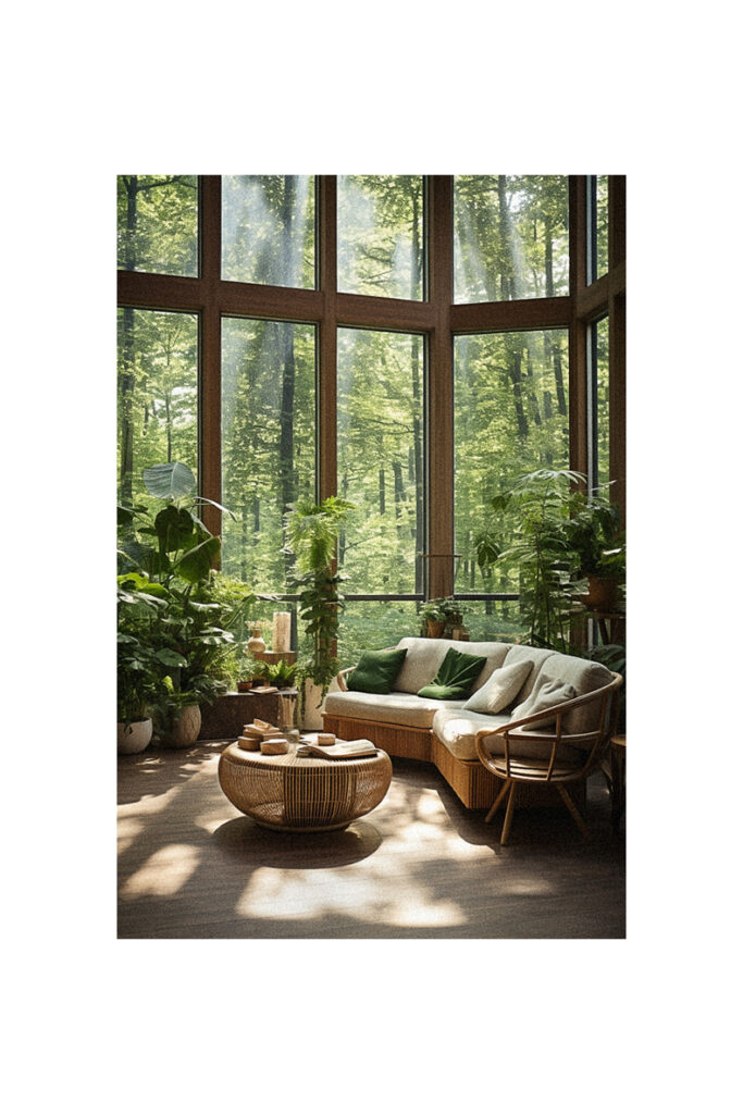 A nature-inspired living room with large windows and plants.