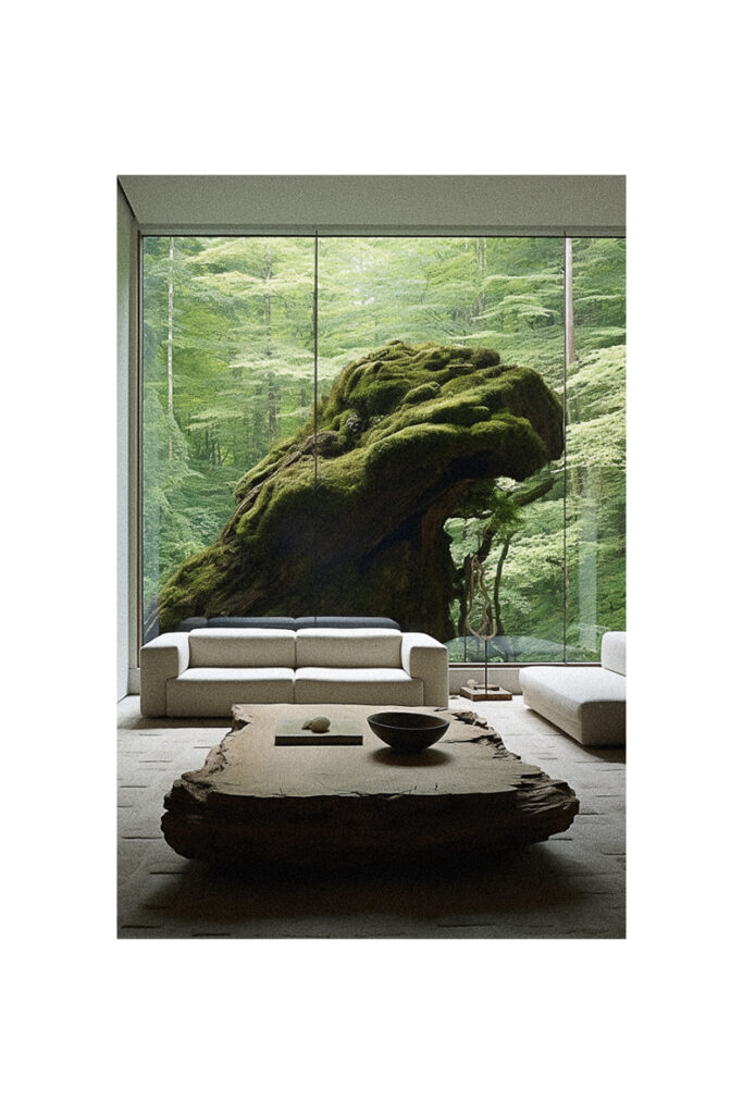 A nature-inspired living room with a large window.