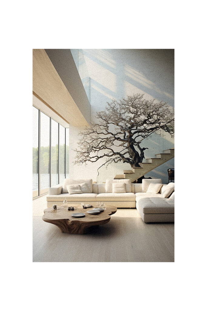 A natural living room avec a large tree on the wall.
