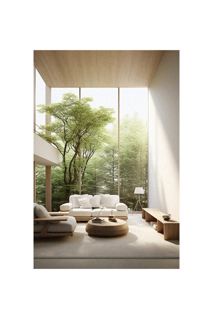 A nature-inspired living room with a tree.