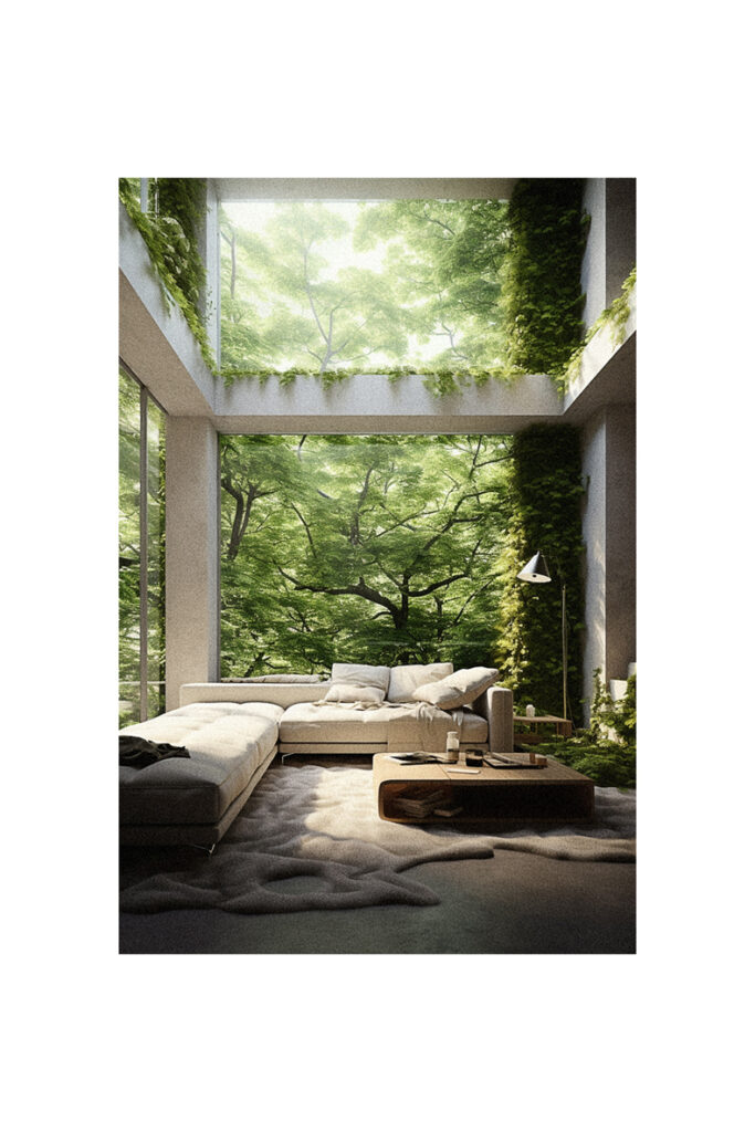Nature-themed living room with a tree growing on the wall.