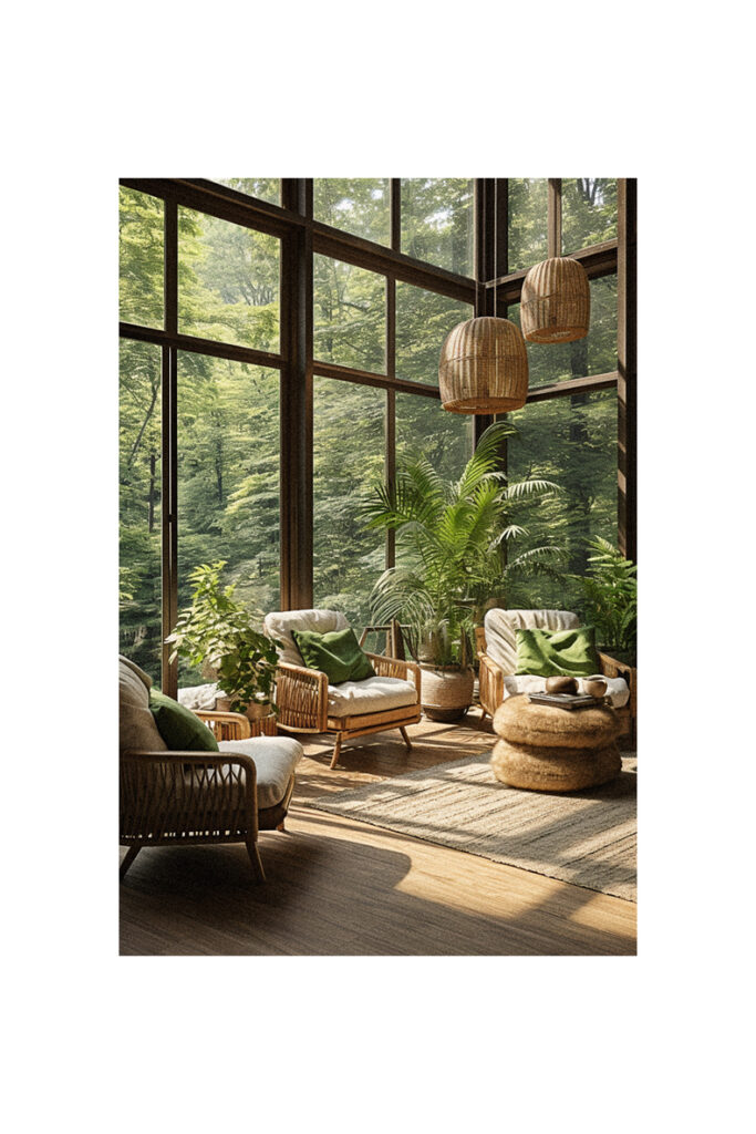 A living room with large windows showcasing nature and furnished with wicker furniture.