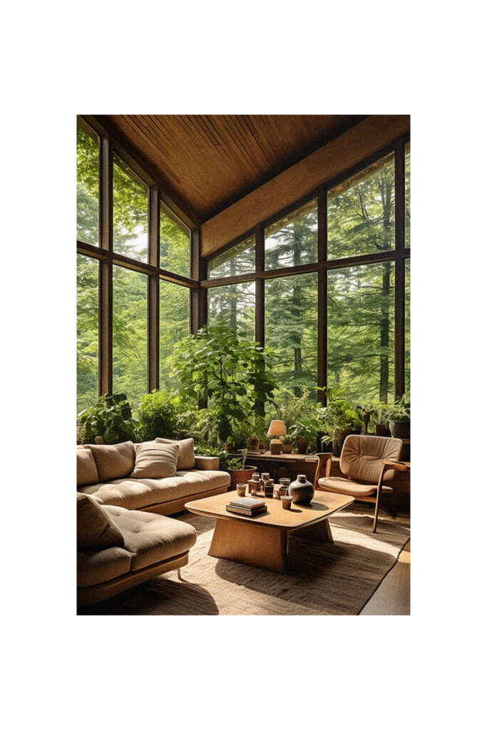A living room with large windows showcasing a wooded area.