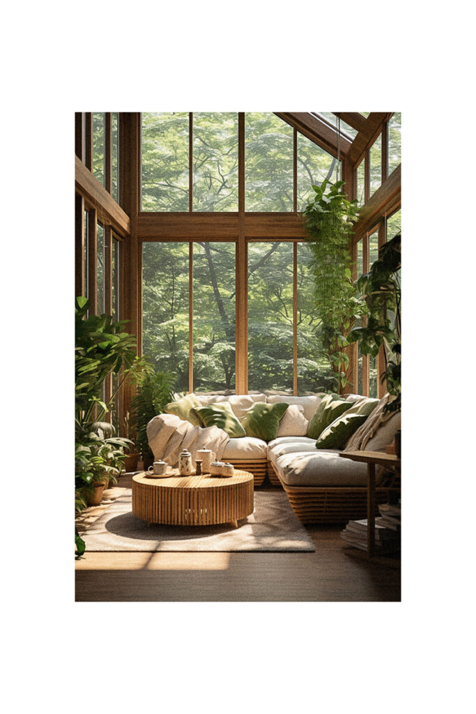 A nature-themed living room with large windows and plants.