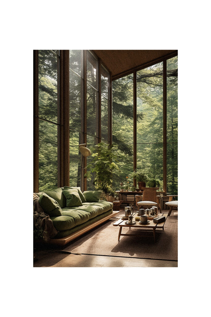 A nature-inspired living room with large windows and a green couch.