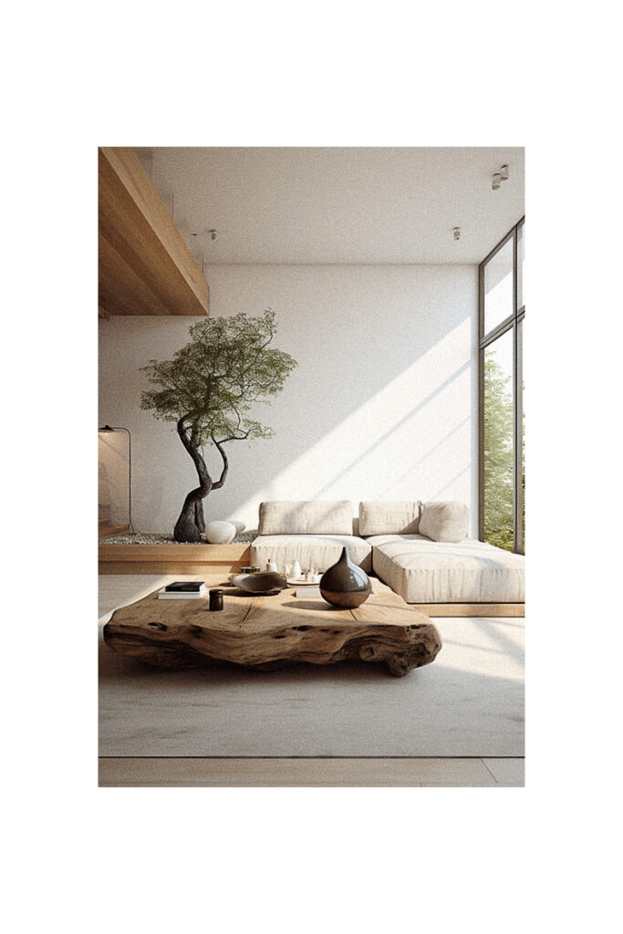 A nature-inspired living room with a tree centerpiece.