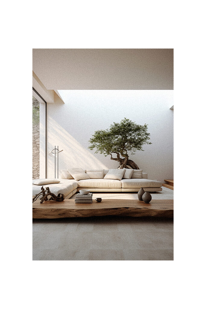 A nature-inspired living room featuring a bonsai tree as its focal point.