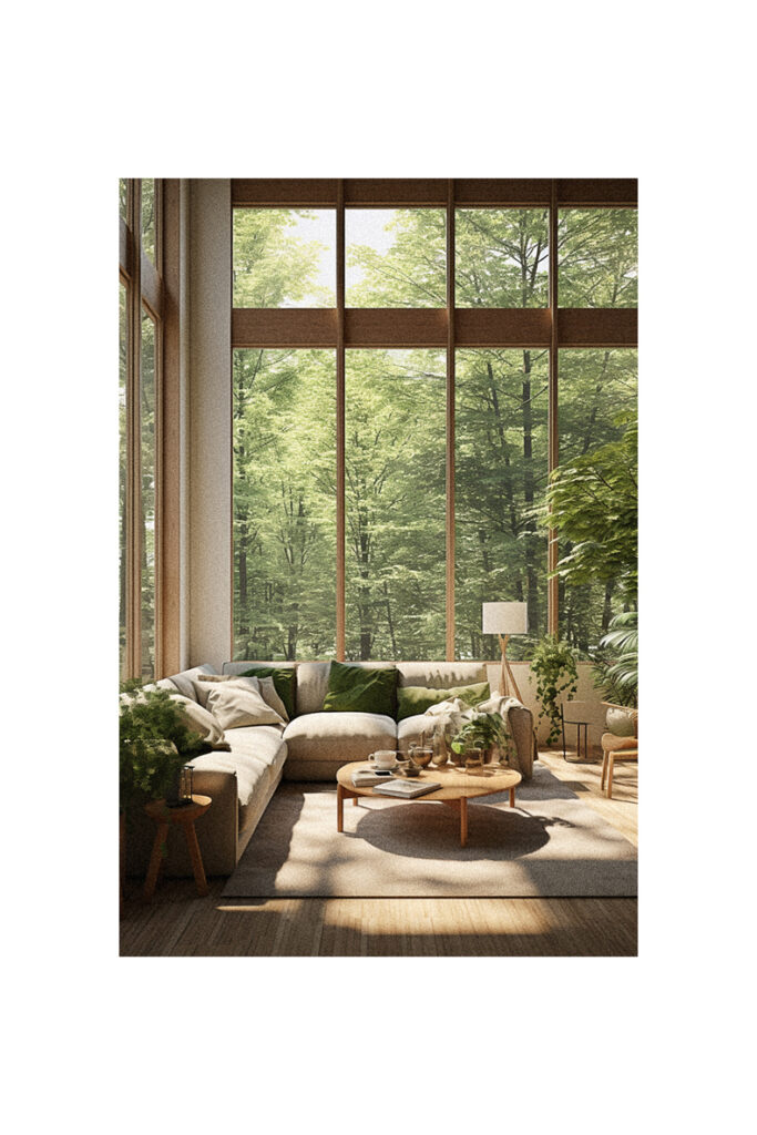 A nature-themed living room with large windows.