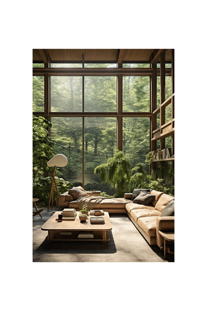 A nature-inspired living room with large windows overlooking a forest.