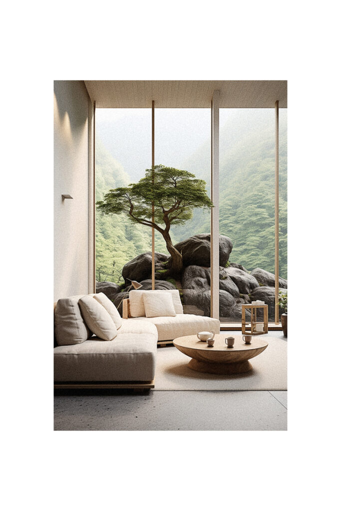 A living room with a large window showcasing nature.