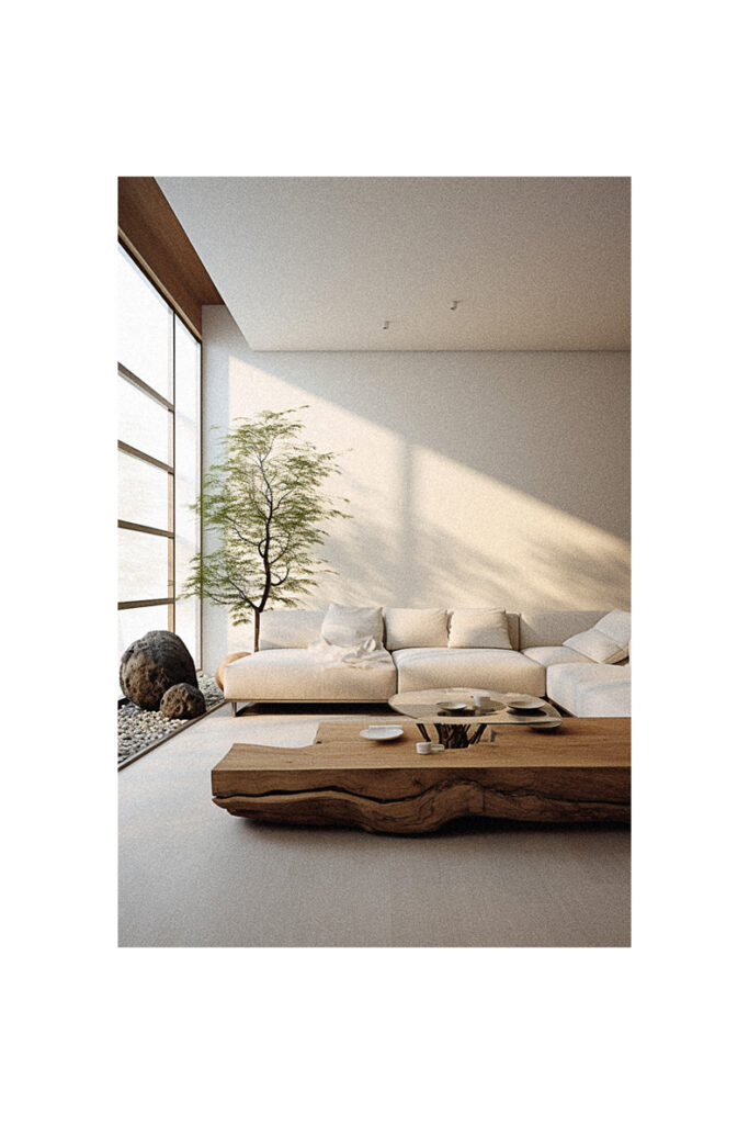 A white couch in a nature-inspired living room.