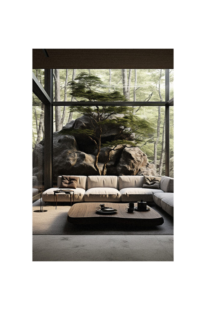A nature-inspired living room with a large window and a tree.