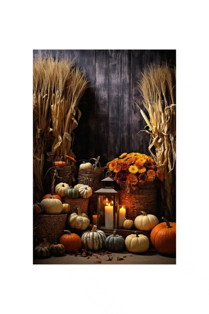 A wooden background with a basket of pumpkins and corn, perfect for autumn decorating ideas.