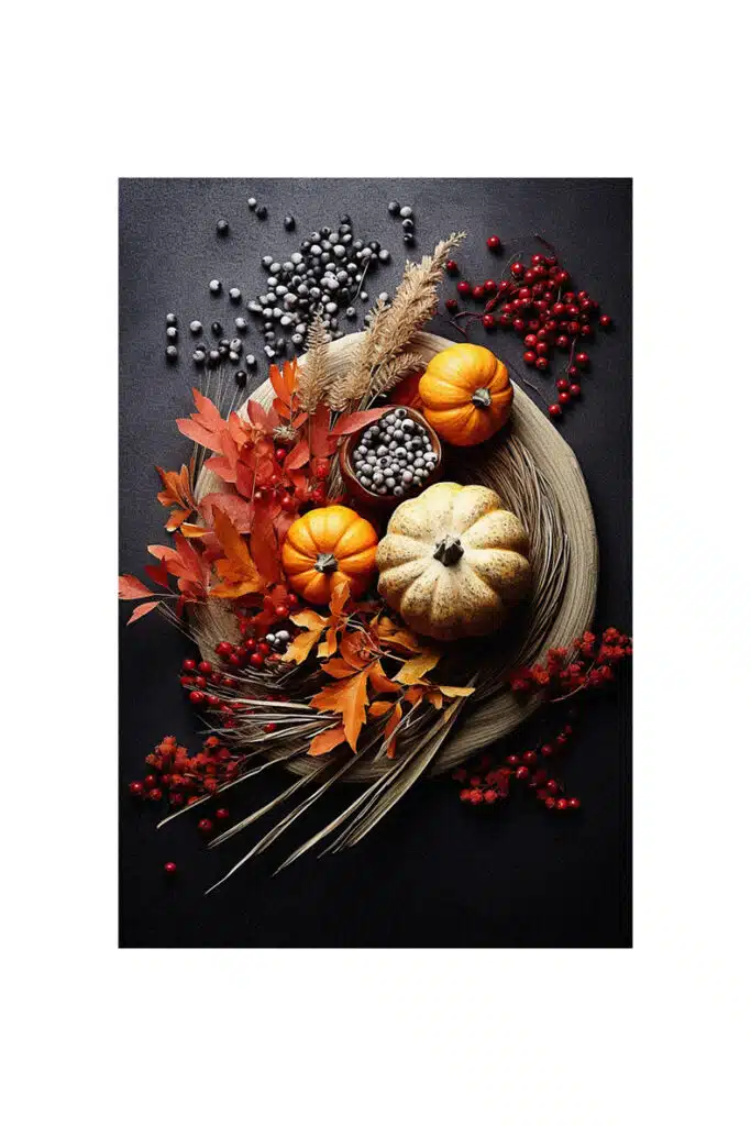 A plate of pumpkins, berries, and leaves on a black background for autumn decorating ideas.