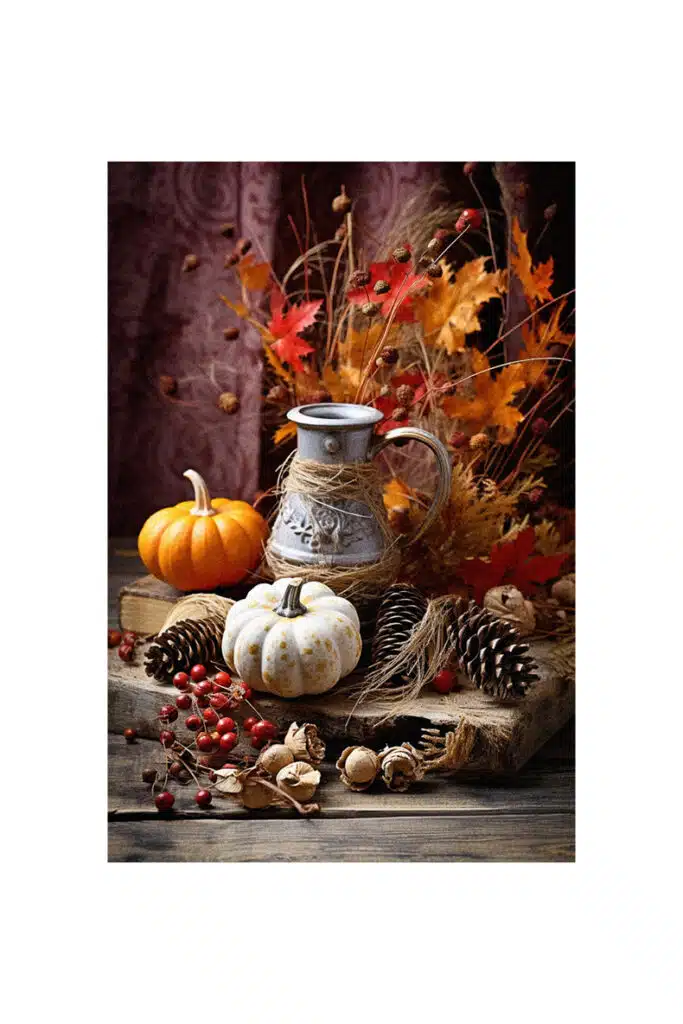 Autumn decorating ideas with a table adorned with pumpkins, leaves, and a jug.