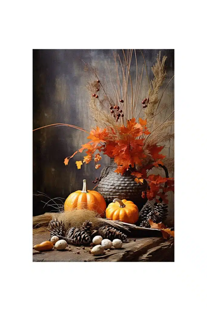 A table with pumpkins, cones and leaves on it, perfect for autumn decorating ideas.