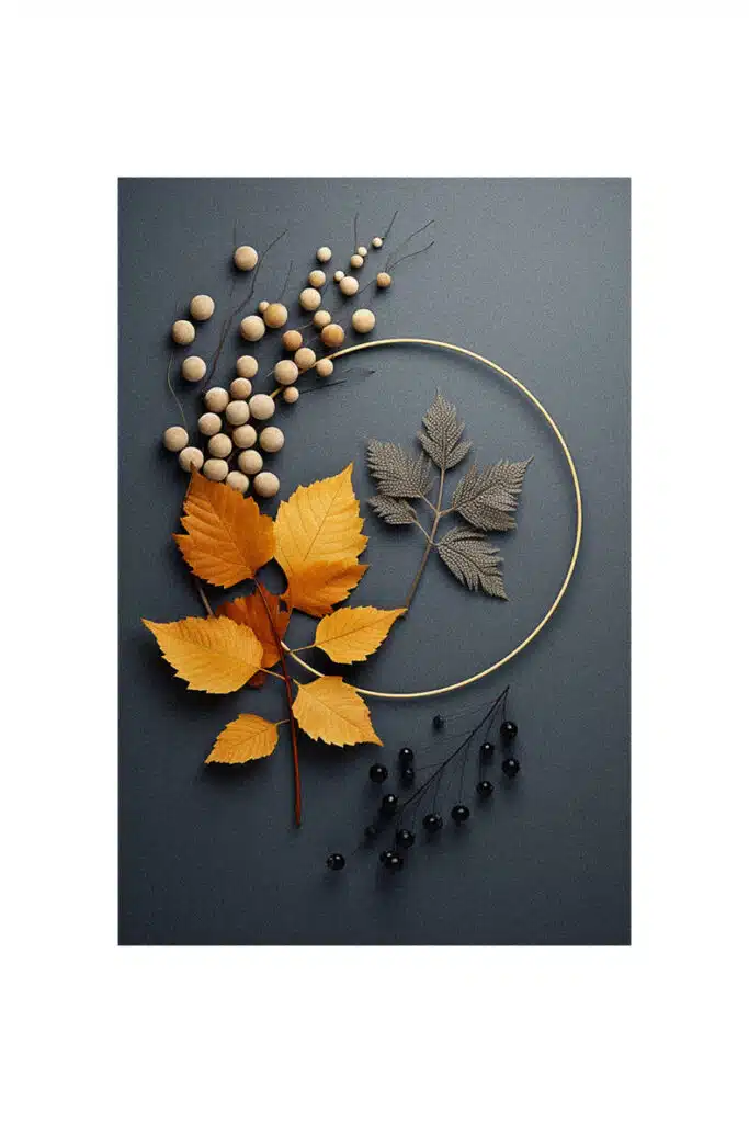 Autumn leaves and berries arranged in a circle, providing autumn decorating ideas.