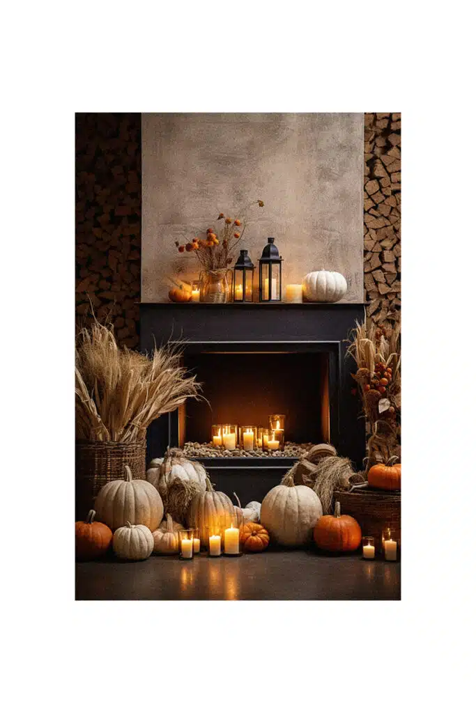 Autumn decorating ideas featuring a fireplace adorned with pumpkins and candles.