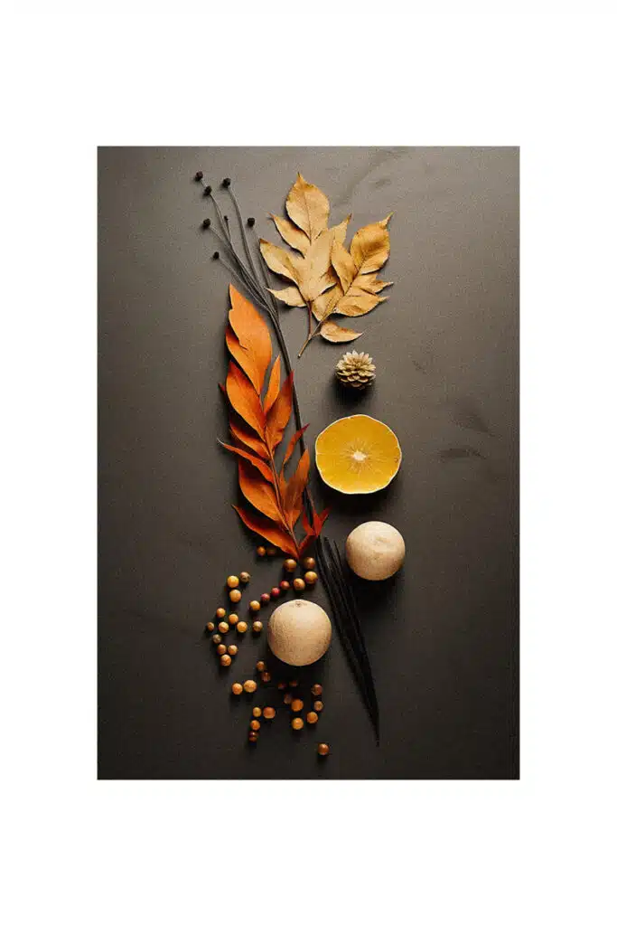 A black background with orange leaves and a candle, perfect for autumn decorating ideas.
