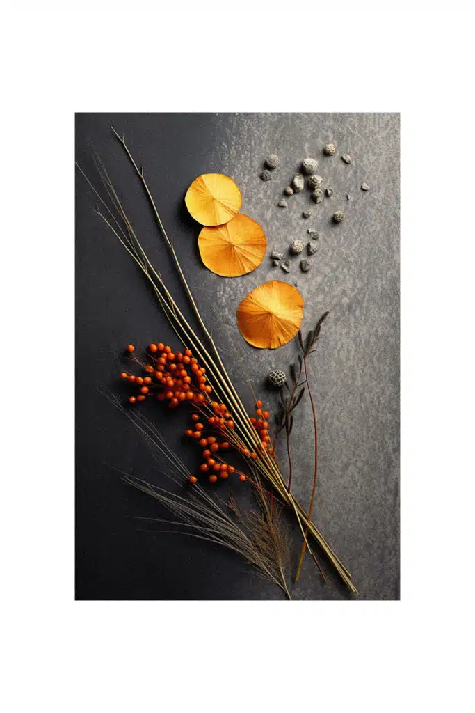 A bunch of orange flowers and berries on a black surface, perfect for autumn decorating ideas.