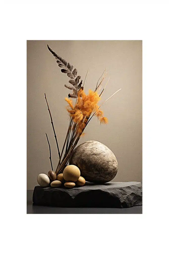 A rock with autumn flowers on it.