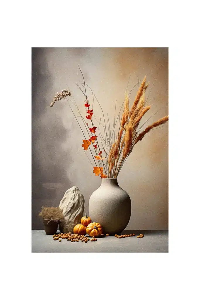 A vase filled with dried grasses, perfect for autumn decorating ideas.