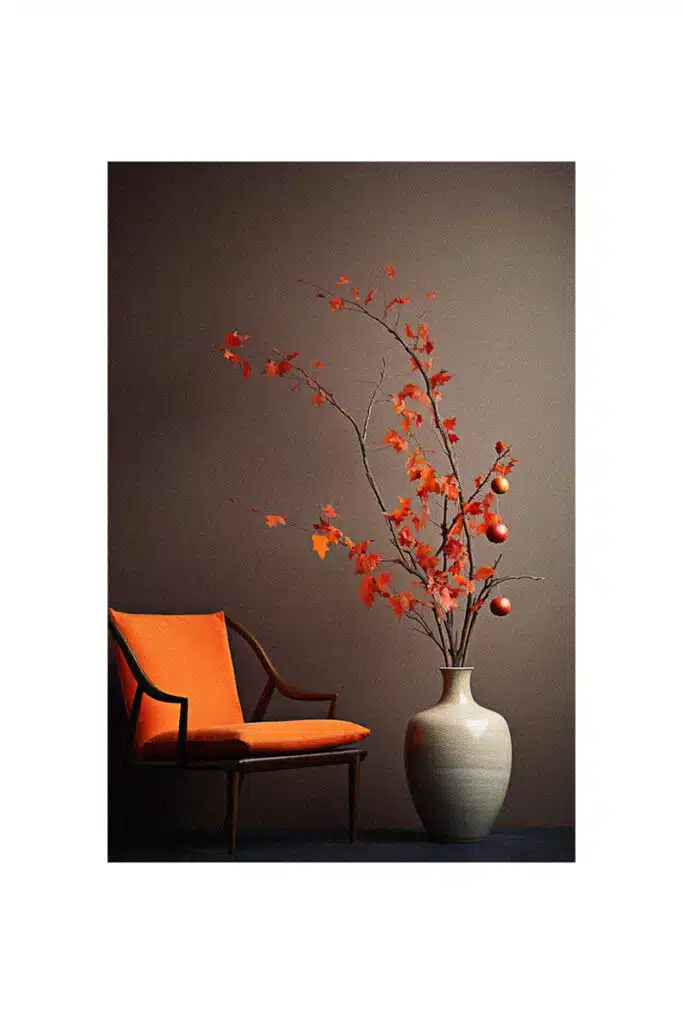 An orange chair is sitting in front of a vase, perfect for autumn decorating ideas.